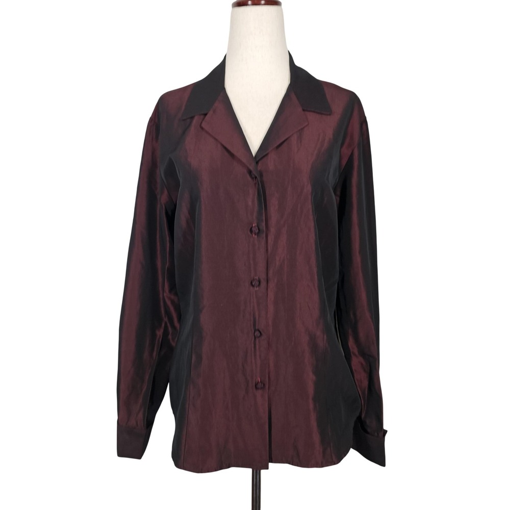 Ann Taylor Shirt Blouse Womens 12 Red Dressy Button‎ Up Long Sleeve Made In USA